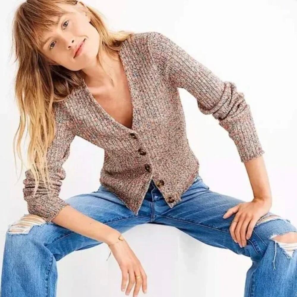 Madewell: Marbled Shrunken Ribbed Cardigan Sweater: V-Neck: Multicolor: Size M